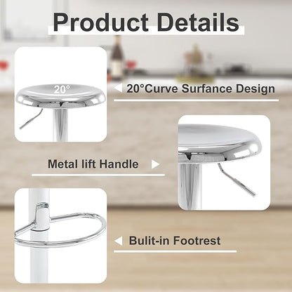 Bar Stools - 2 Pack, Adjustable Swivel Height Counter Bar Stool, Modern Metal Barstools, Backless Barstool for Bar, Kitchen Island, Pub, Silver