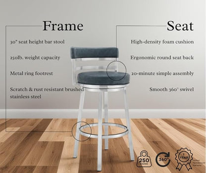 Armen Living Madrid 30" Seat Height Swivel Modern Blue Faux Leather and Brushed Stainless Steel Bar Stool for Kitchen Island Counter