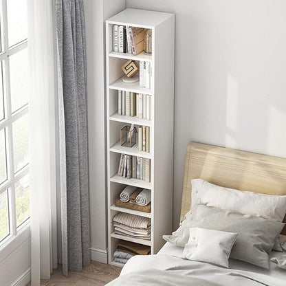 IOTXY Small Narrow Corner Bookcase - 59 Inches Tall Gap Freestanding Storage Cabinet, 6 Lattices Open Shelves Tower Rack with Door, Cubes Bookshelf in Oak