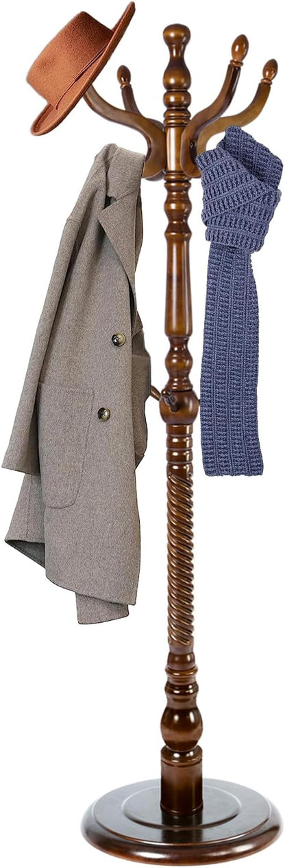 73 in Wood Coat Rack, Coat Rack Freestanding with Stable Round Base, Adjustable Height Tree Coat Racks Stand for Home Bedroom Office Hallway Entryway (Antique color)