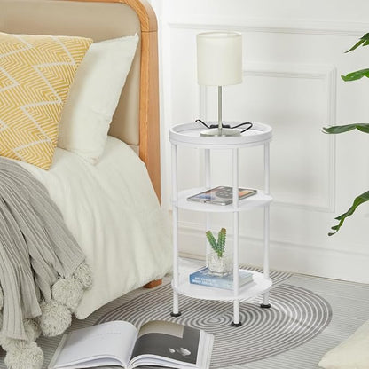 Small Round End Table with Charging Station, 3-Tier Accent Couch Beside Table with USB Ports & Power Outlets, Sofa Side Table for Living Room Small Nightstand Bedroom (Classic, White)