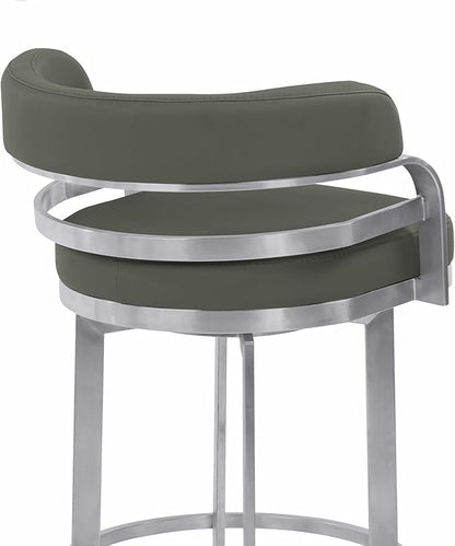 Armen Living Prinz 30" Bar Height Swivel Barstool in Grey Faux Leather and Brushed Stainless Steel Finish