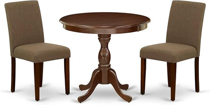 East West Furniture AMAB3-MAH-18 3 Piece Kitchen Table Set for Small Spaces Contains a Round Dining Table with Pedestal and 2 Coffee Linen Fabric Upholstered Chairs, 36x36 Inch, Mahogany