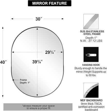 ANDY STAR Brushed Nickel Mirror Bathroom, 30x40 Inch Oval Mirrors for Bathroom, Nickel Pill Shaped Mirror in Premium Stainless Steel Metal Frame Wall-Mounted Mirror 1”Deep Hangs Horizontal/Vertical