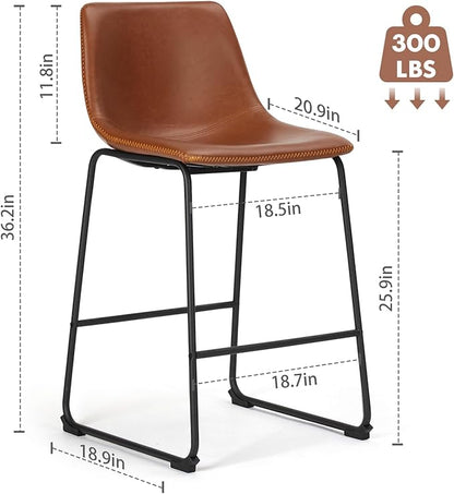 DUMOS 26 Inch Counter Height Bar Stools Set of 2, Modern Faux Leather High Barstools with Back and Metal Leg, Bar Chairs for Kitchen lsland, Elegant Brown