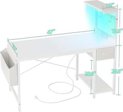 TIQLAB Gaming Desk 47 inch with Power Outlet and LED Light, Computer Desk with Reversible Shelves and Storage Drawer, Small PC Desk for Home Office Table with Bag, Carbon Fiber White