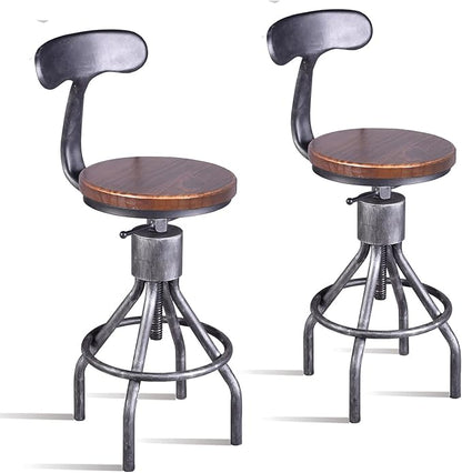 Diwhy Industrial Vintage Bar Stool, Kitchen Counter Height Adjustable Pipe Chair, Cast Iron Stool, Swivel Bar Stool with Backrest, Silver, Fully Welded Set of 2 Brown Wood Seat