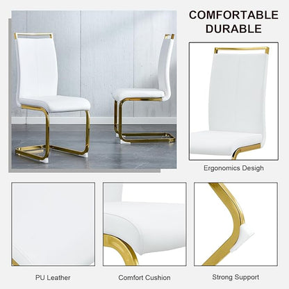 Modern Dining Chairs Set of 6,High Back White Kitchen Chairs,Faux Leather Side Chair with Gold Plated Metal Legs,Easy to Clean Upholstered Dining Chairs,Ideal for Living Room(Gold Leg)