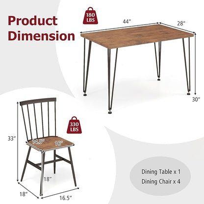 Tangkula Dining Table Set for 4, Kitchen Table and Chairs Set of 4 w/Metal Frame, 360° Swivel Feet, Space-Saving Dinette Table Set for Living Room, Restaurant, Breakfast Nook (Teak)