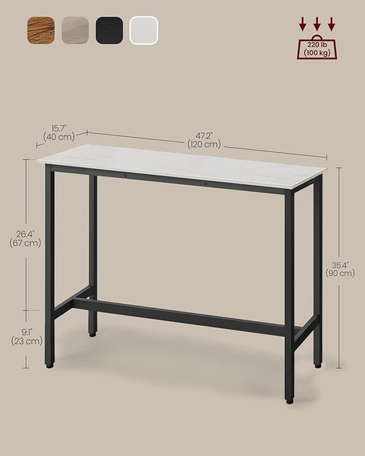 VASAGLE Bar Table, Narrow Long Kitchen Dining Table, Sturdy Metal Frame, Industrial, 15.7 x 47.2 x 35.4 Inches, Rustic White and Ink Black ULBT120B73