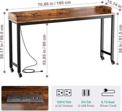 70.8" Standing Desk with Charging Station, Extra Long Desk on Wheels for Standing and Sitting, Sofa Table Behind Couch with Power Outlets and USB Ports, Easy Assembly, Walnut