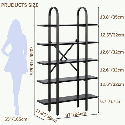 Wide Bookshelf Arched Bookcase, Industrial 5 Tier Open Book Shelves with Metal Frame, 72" Tall Freestanding Heavy Duty Display Rack for Home Office, Living Room,Black,Easy Assembly
