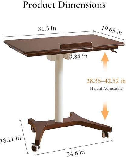 Adjustable Computer Desk, Solid Wood Folding Desk with Wheels, Mobile Home Office Laptop Table, Sit Stand Workstation, Rolling Desk, 28.35-42.52 H x 31.5 W x 19.69 D Inches, Walnut