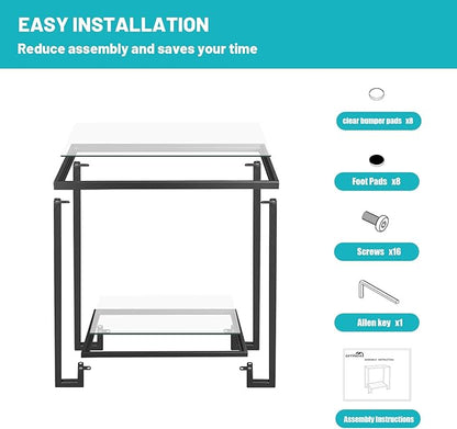 2 Tier Rectangular Side Table, Black End Table with Glass Top, Modern Metal Clear Coffee Tables，Small Accent Tables for Living Room, Bedroom, 22" x 12.4" x 24"