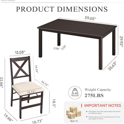 COLAMY 60 Inch Rectangular Kitchen Dining Table for 6, Modern Farmhouse Dining Table Set for 6, Wood Dining Table and Folding Dining Chairs for Kitchen, Dining Room, Restaurant, Brown/Beige