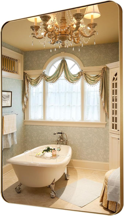 22x30 Inch Brushed Gold Mirror for Bathroom, Rounded Rectangle Mirrors Wall Mounted, Anti-Rust Metal Framed Bathroom Mirror for Wall, Modern Vanity Mirrors Hangs Horizontally or Vertically
