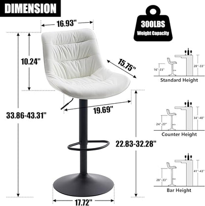 Kidol & Shellder Bar Stools Set of 2 Adjustable Swivel White, PU Leather Upholstered with Back, Modern Counter Height Stools for Kitchen Island, Home Bar