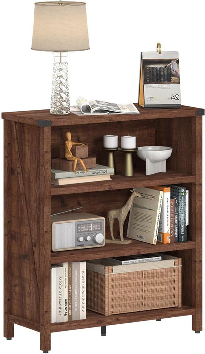 BON AUGURE Rustic Short Bookshelf, 3 Shelf Bookcase, Small Wood Low Book Cases/Shelves, Farmhouse Storage Tier Book Shelves for Home Office, Living Room, Small Space (Rustic Oak)