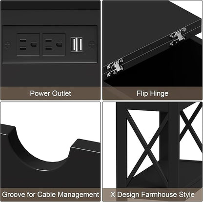 ChooChoo End Table with Charging Station, Narrow Flip Top Side Table with USB Ports & Power Outlets for Small Spaces, Nightstand Sofa Table for Living Room, Bedroom, Black, 2 Pack