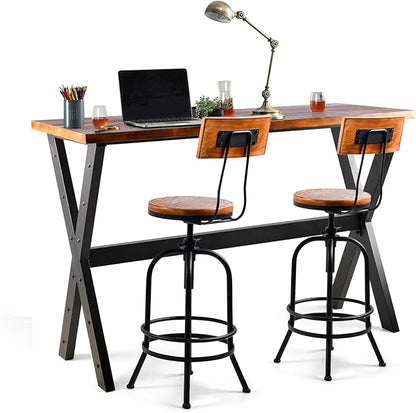 Bar Table, 47.24"L×41.33"H Bar Height Pub Table High Top Rectangular Sofa Console Table Kitchen Dining Coffee Table, for Narrow Space, Living Room, Indoor, Rustic Brown Wood, Industrial Black Metal