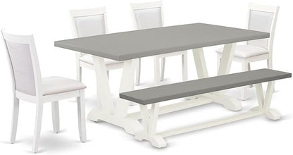 East West Furniture V097MZ001-6 6 Piece Dining Table Set Contains a Rectangle Dining Room Table with V-Legs and 4 Cream Linen Fabric Parson Chairs with a Bench, 40x72 Inch, Multi-Color