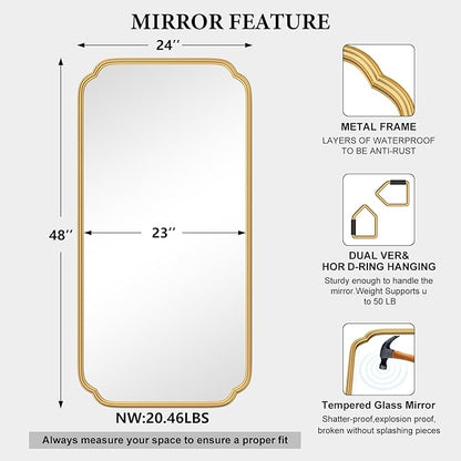 Gold Wall Mirror 48 x 24 Inch Bathroom Vanity Mirror for Over Sink Modern Rounded Corner Rectangle Wall Mirror Decorative with Non-Rusting Iron Metal Framed (Horizontal/Vertical)