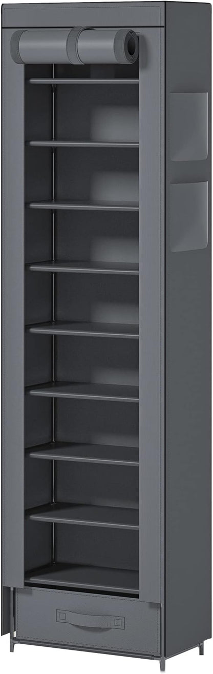 Shoes Rack 10 Tier Tall Narrow Shoe Rack with Bin Covered Shoe Shelf Storage Organizer Closet Stackable Shoe Stand
