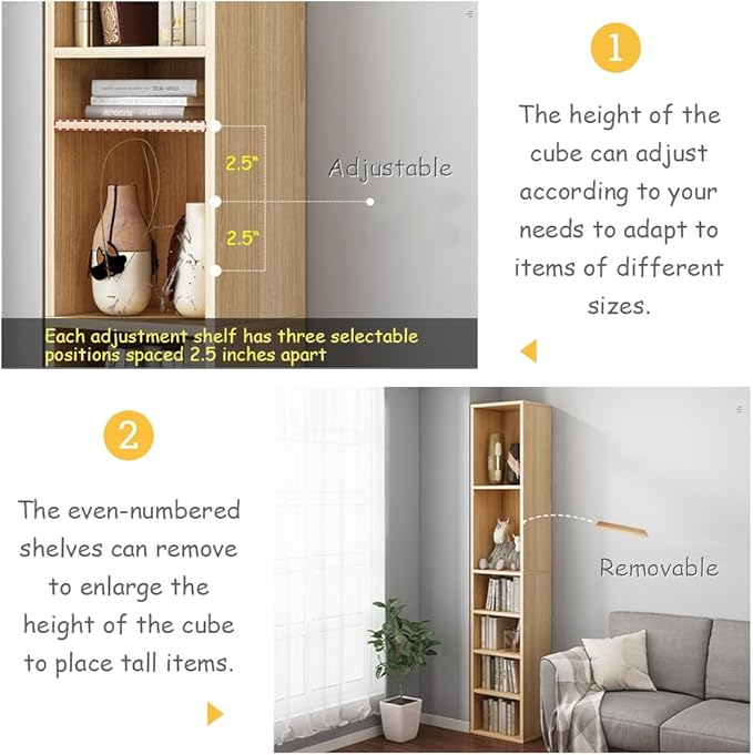 IOTXY Small Narrow Corner Bookcase - 59 Inches Tall Gap Freestanding Storage Cabinet, 6 Lattices Open Shelves Tower Rack with Door, Cubes Bookshelf in Oak