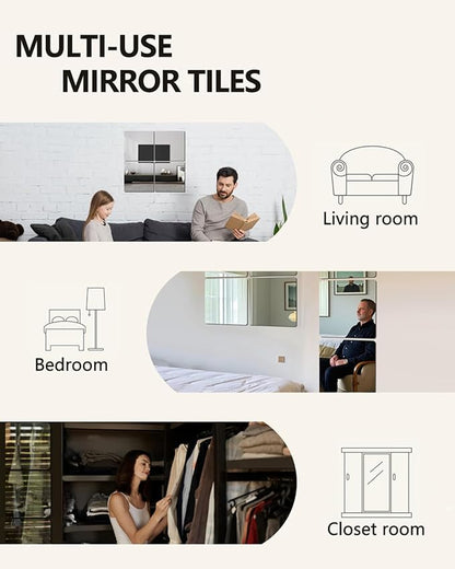 Glass Wall Mirror Tiles 12" x 12" Frameless Full Length Mirror Wall Mounted Full Body Mirrors for Bedroom Home Gym Door Bathroom (4PCS)