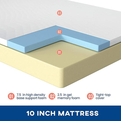 FDW | 10 Inch Twin Mattress | Medium Firm | Gel Memory Foam Mattress | White | Bed in a Box, CertiPUR-US Certified | Pressure Relief, Cooling Ventilated Foam | Washable Removable Cover