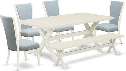 East West Furniture X027VE215-6 6 Piece Dinette Set Contains a Rectangle Dining Table with X-Legs and 4 Baby Blue Linen Fabric Parson Chairs with a Bench, 40x72 Inch, Multi-Color
