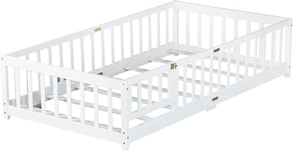 Twin Floor Bed Frame with Slats and Safety Guardrail, Wood Twin Size Montessori Floor Bed with Door and Fence, Easy Assemble Montessori Beds for Kids, Girls, Boys, White