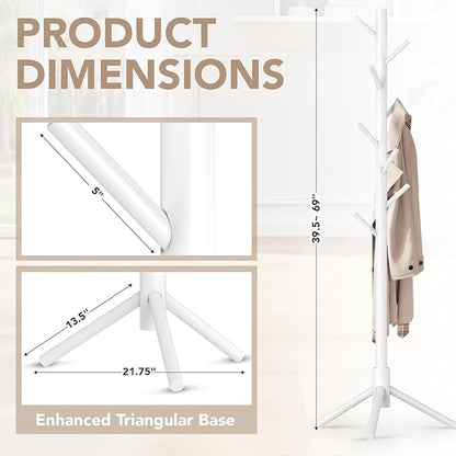 Wooden Tree Coat Rack Stand,Sturdy Freestanding Coat Rack with 8 Hooks,3 Adjustable Height for Child Adult,Wood Coat Stand Tree Fits Entryway Bedroom Office for Bags,Hats, 2 Pack