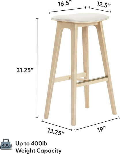 Plank+Beam Beryl Bar Height Stool - Mid-Century Modern Rubberwood Bar Stool with Faux Leather Seat, Metal Footrest, Easy Assembly, 2-Pack, Blonde/Sesame