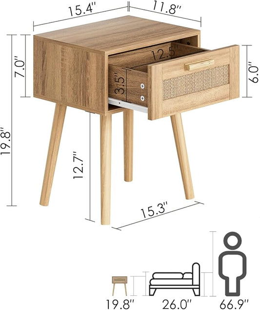 Rattan Nightstand, Small Night Stand, Side Table with Drawer Open Shelf, Cane Accent Bedside End Table with Wood Legs, Bohemian Wood Nightstand for Bedroom, Oak (Bohemian)