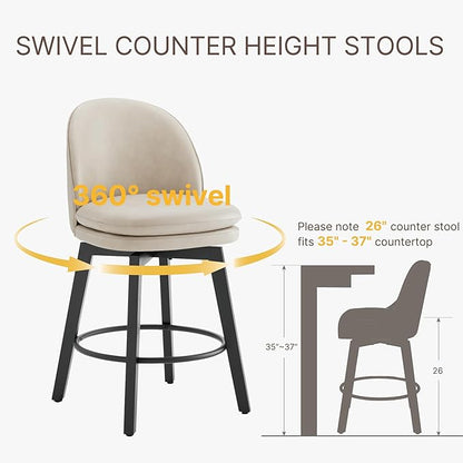 Counter Height Barstools 26 inch Upholstered Swivel Bar Stools with Back and Wood Legs for Kitchen Island,Set of 2,Beige PU Leather-Armless