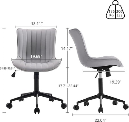 YOUNIKE Grey Home Office Desk Chair with Wheels Ergonomic Comfy Armless Vanity Chair with Back Modern Leather Upholstered Rolling Task Chair Small Cute Computer Drafting Sewing Chair Swivel Adjustable