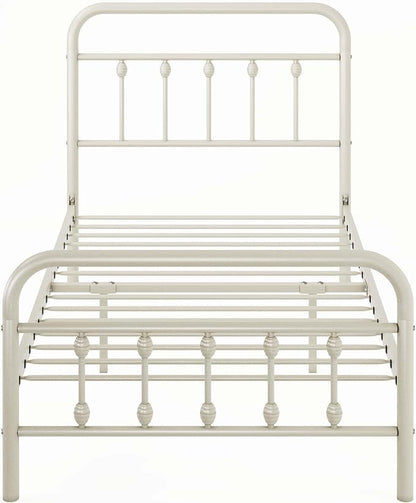 Allewie 14 Inches Twin Size Metal Platform Bed Frame with Victorian Style Iron-Art Headboard/Footboard, Mattress Foundation, Easy Assembly, Under Bed Storage, No Box Spring Required, Off White