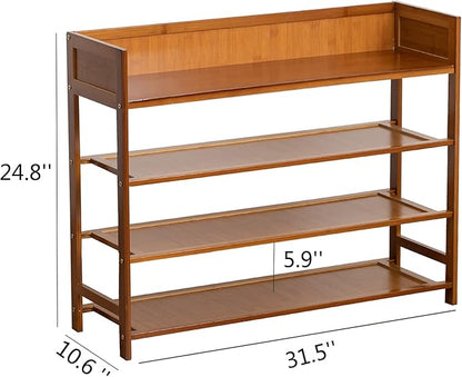 4 Tier Shoe Rack Organizer, 4 Tire Bamboo Stackable Shoe Shelf Storage Organizer, for Entryway, Hallway, and Closet (Brown)