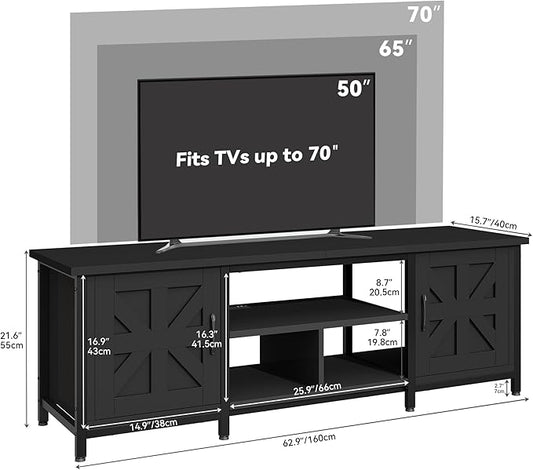 YITAHOME TV Stand with LED Lights & Charging Station, Farmhouse Entertainment Center with Storage Cabinets & Shelves, Cross-Pattern Doors, Fits TVs up to 70'', TV Consoles for Living Room, Black