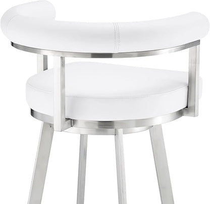 Armen Living Magnolia Swivel Counter Stool in Brushed Stainless Steel with White Faux Leather