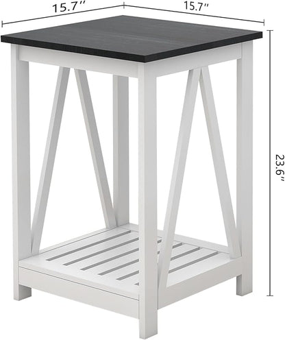 Farmhouse Square End Table, Accent Side Table with Slats Design, Sofa Side Table with Sturdy Frame for Living Room, Oak Black