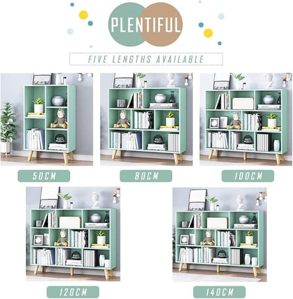 IOTXY Wooden Open Shelf Bookcase - 3-Tier Floor Standing Display Cabinet Rack with Legs, 10 Cubes Kids Bookshelf, Tiffany-Green