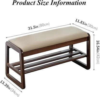 Shoe Bench, Entryway Bench with Leather Cushion, Solid Wood Shoe Rack, Mid Century Modern Bench, Shoe Storage, Shoe Organizer for Entryway (Brown, 31.5" W)