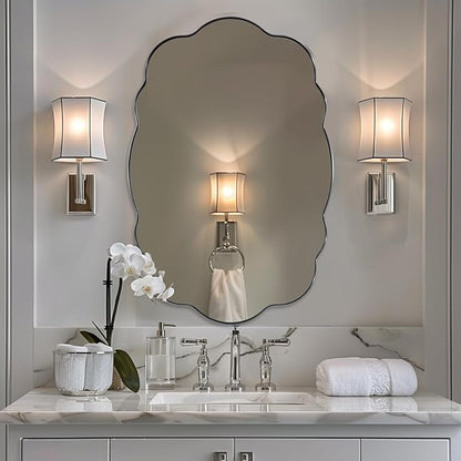 ANDY STAR Chrome Vintage Scalloped Mirror - 24x36 Inch Retro Bathroom Mirror, Unique Irregular Oval Wavy Mirror with Heavy Duty Metal Frame