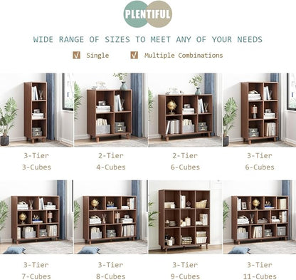 IOTXY Open Cube Low Bookcase - 3-Tier Freestanding Storage Display Cabinet Organizer with Legs for Home Office, 3-Cubes Open Shelf Short Bookshelf, Walnut