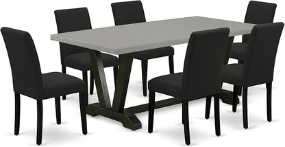 East West Furniture V697AB624-7 7 Piece Modern Dining Table Set Consist of a Rectangle Wooden Table with V-Legs and 6 Black Color Linen Fabric Upholstered Chairs, 40x72 Inch, Multi-Color
