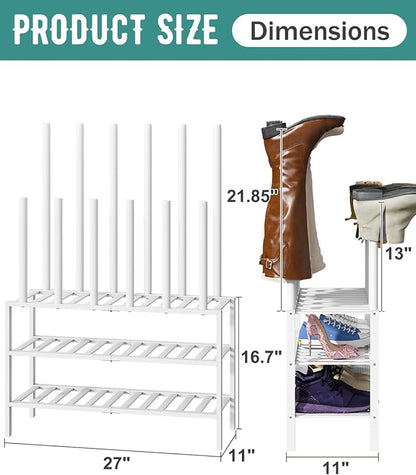 White Boot Rack, Boot Rack Organizer Tall Boots with Shoe Rack for Closet, Bamboo Wood Shoe Shelf Storage Organizer for Entryway