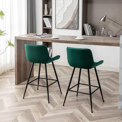 24 Inches Velvet Upholstered Island Stools, Bartools Set of 2, Fabric Counter Stools with Back, Counter Height Bar Chairs with Black Legs for Home Kitchen Island, Green.