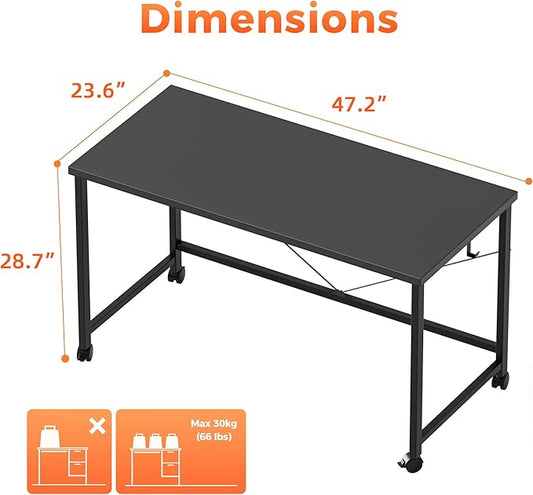 Rolling Computer Desk with Wheels, Gaming Desk for Small Spaces, Modern Simple Style Table for Home Office, Study Writing Table (Caster, Black, 48 inch)